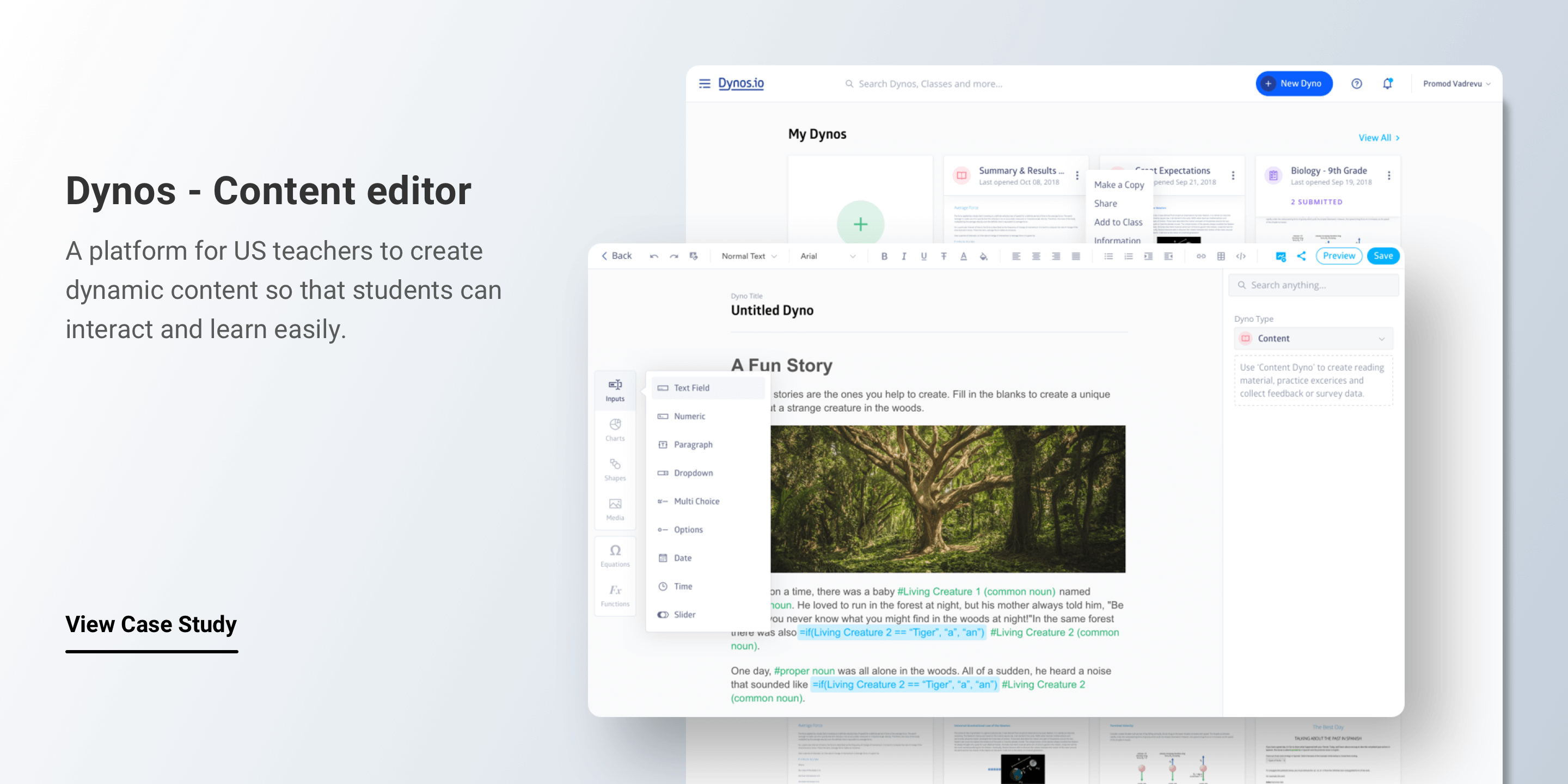 Dynos content editor for teachers